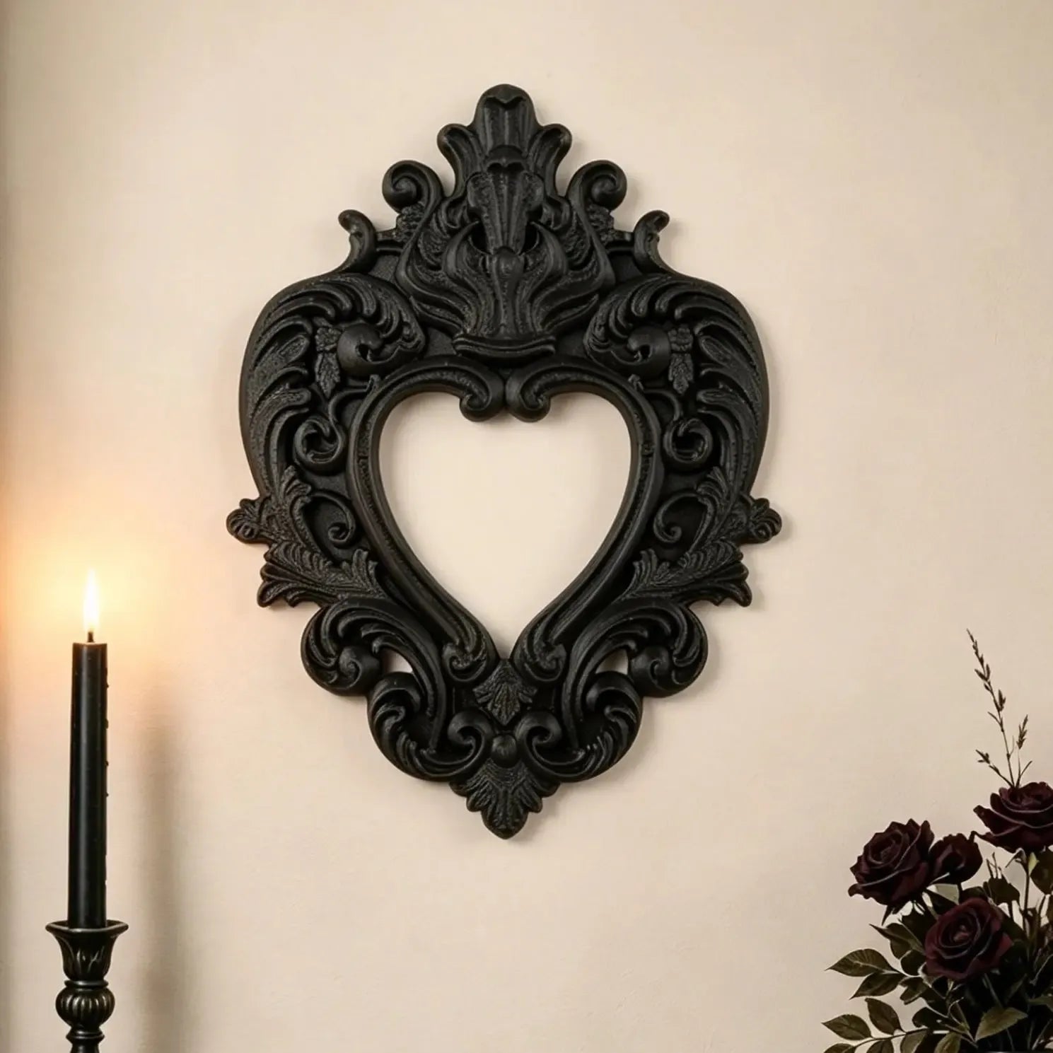 Gothic carved heart picture frame – matte black 3D ornate relief for dark Victorian witchy wall decor
