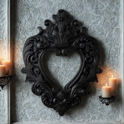 Gothic carved heart picture frame – mounted on dark gothic stone wall, dark romantic witchy Victorian interior