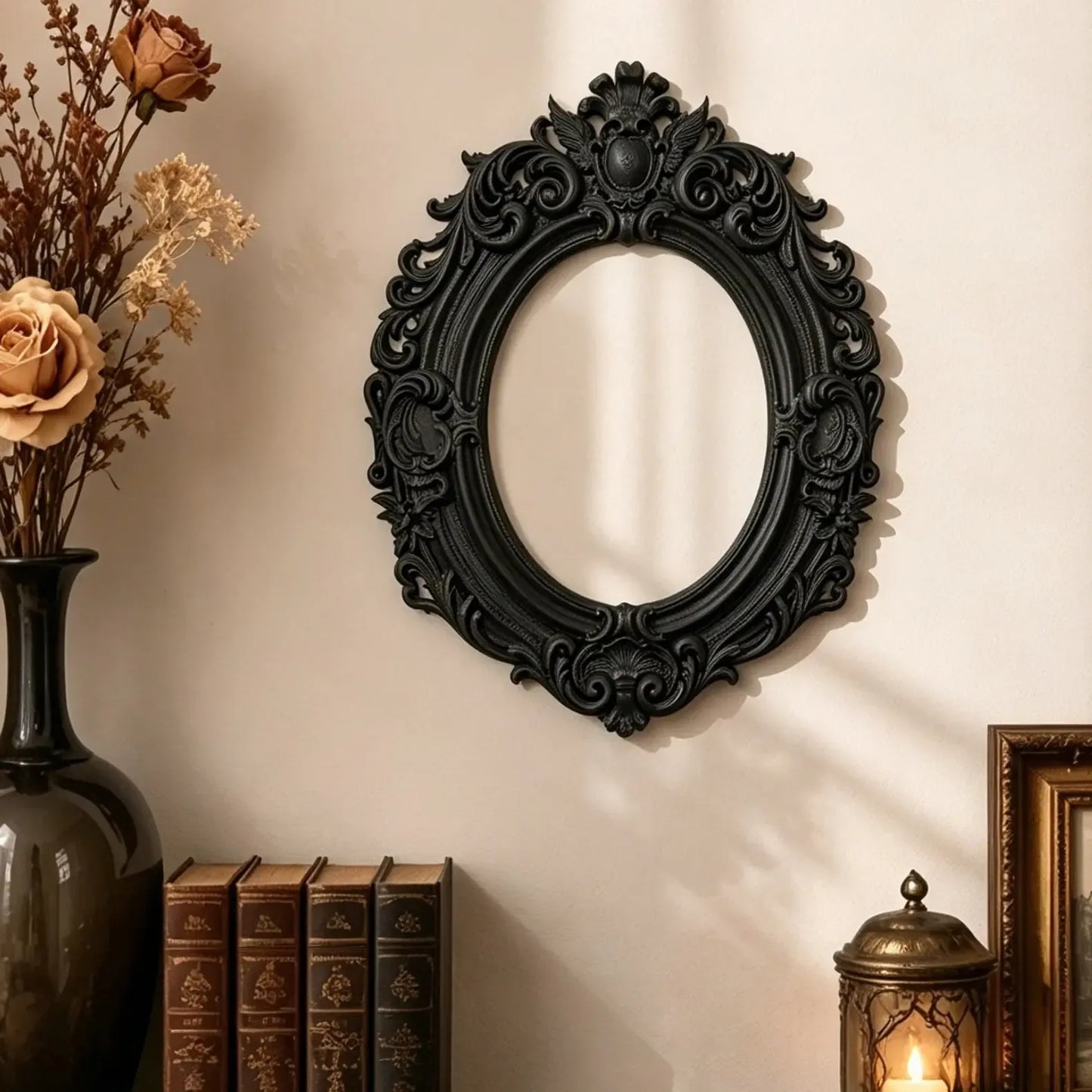 Gothic carved oval picture frame – matte black 3D ornate relief for dark Victorian witchy wall decor