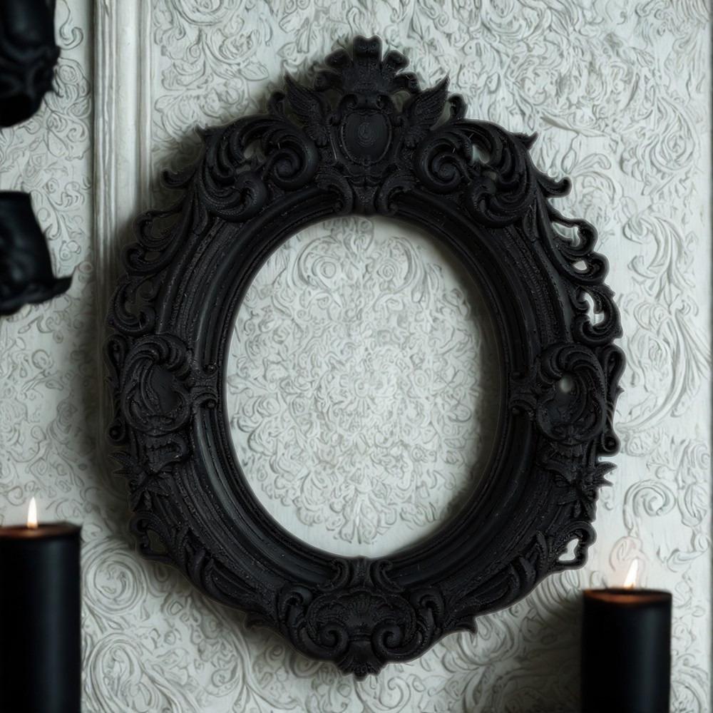 Gothic carved oval picture frame – displayed on dark gothic stone wall, Pagan Wiccan witchy home decor staging