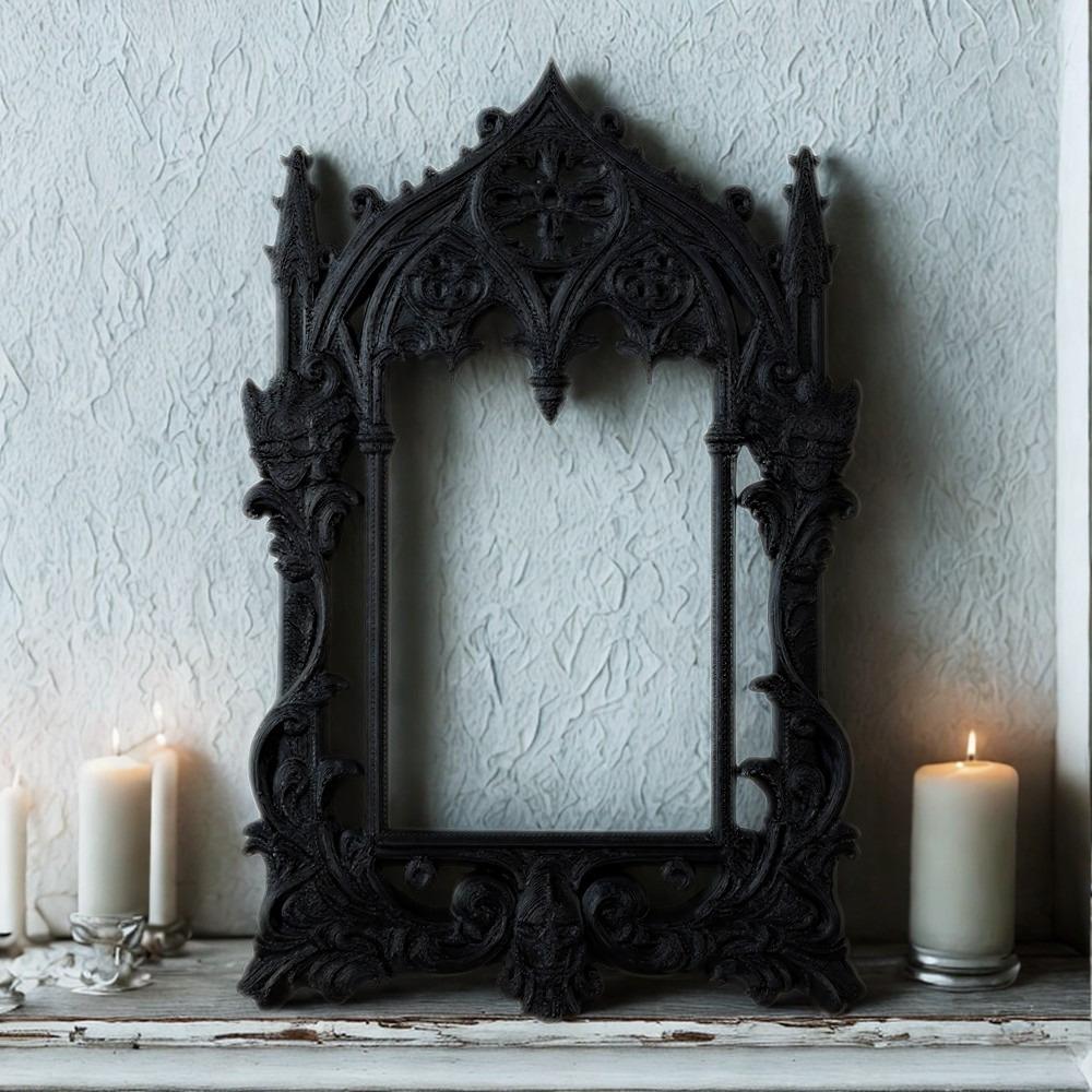Gothic carved picture frame Style A – mounted on dark gothic stone wall, dark Victorian witchy home interior