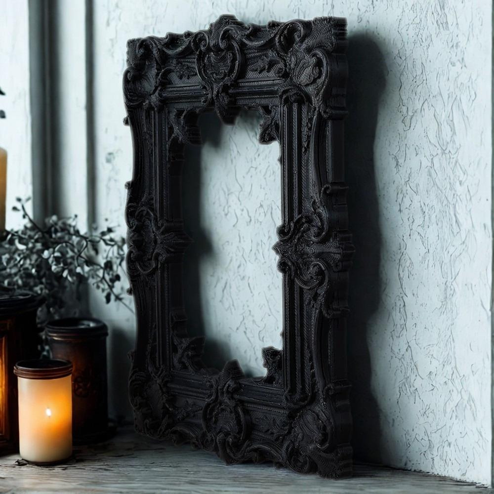 Gothic carved picture frame Style B – mounted on dark gothic stone wall, Victorian witchy home interior