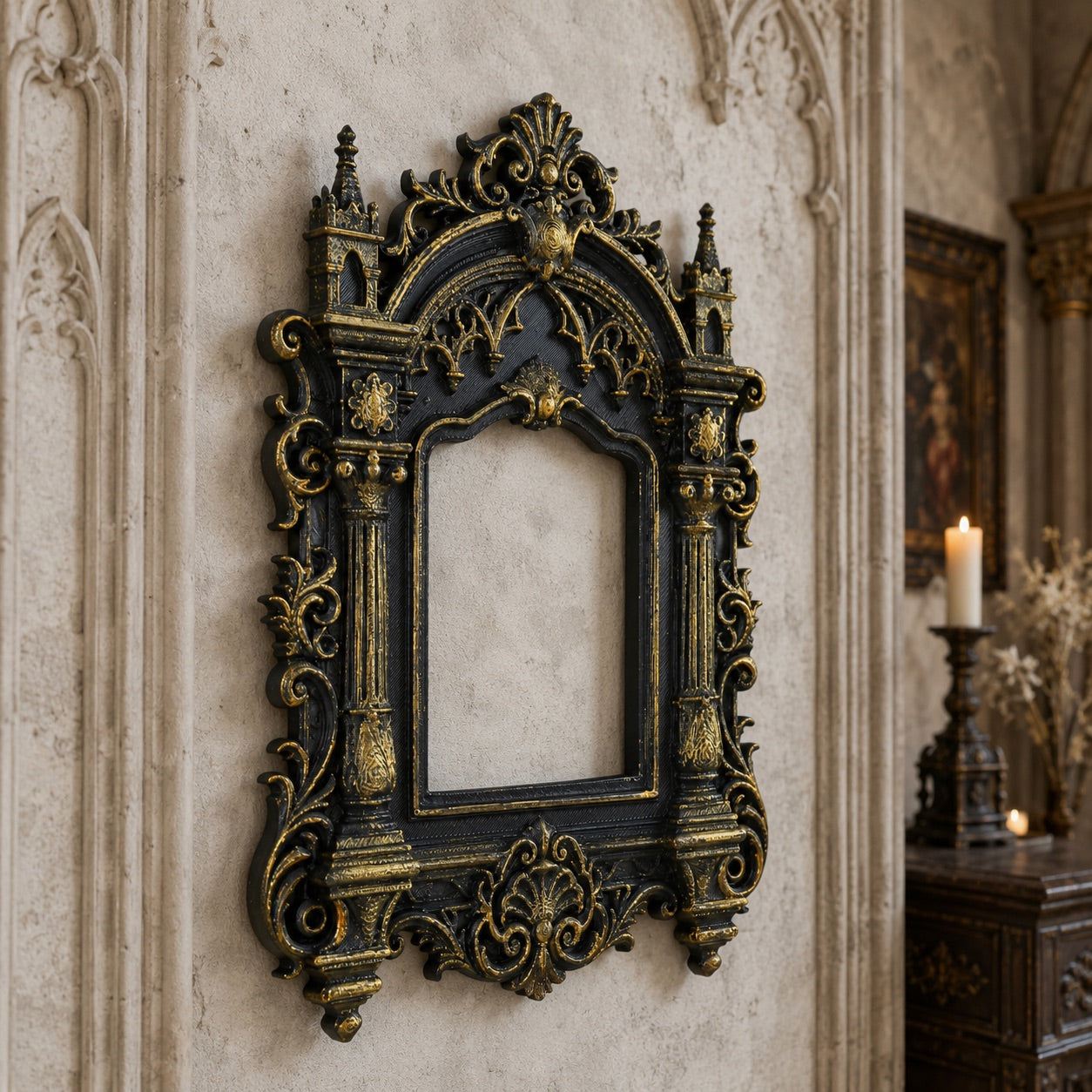 Castle photo frame – carved church column detail close-up