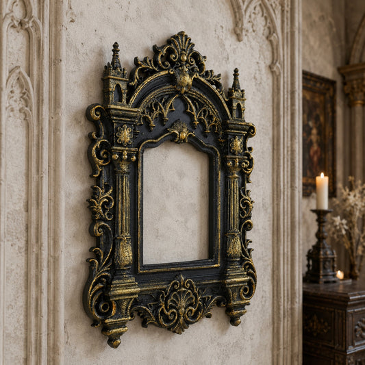 Castle photo frame – carved church column detail close-up