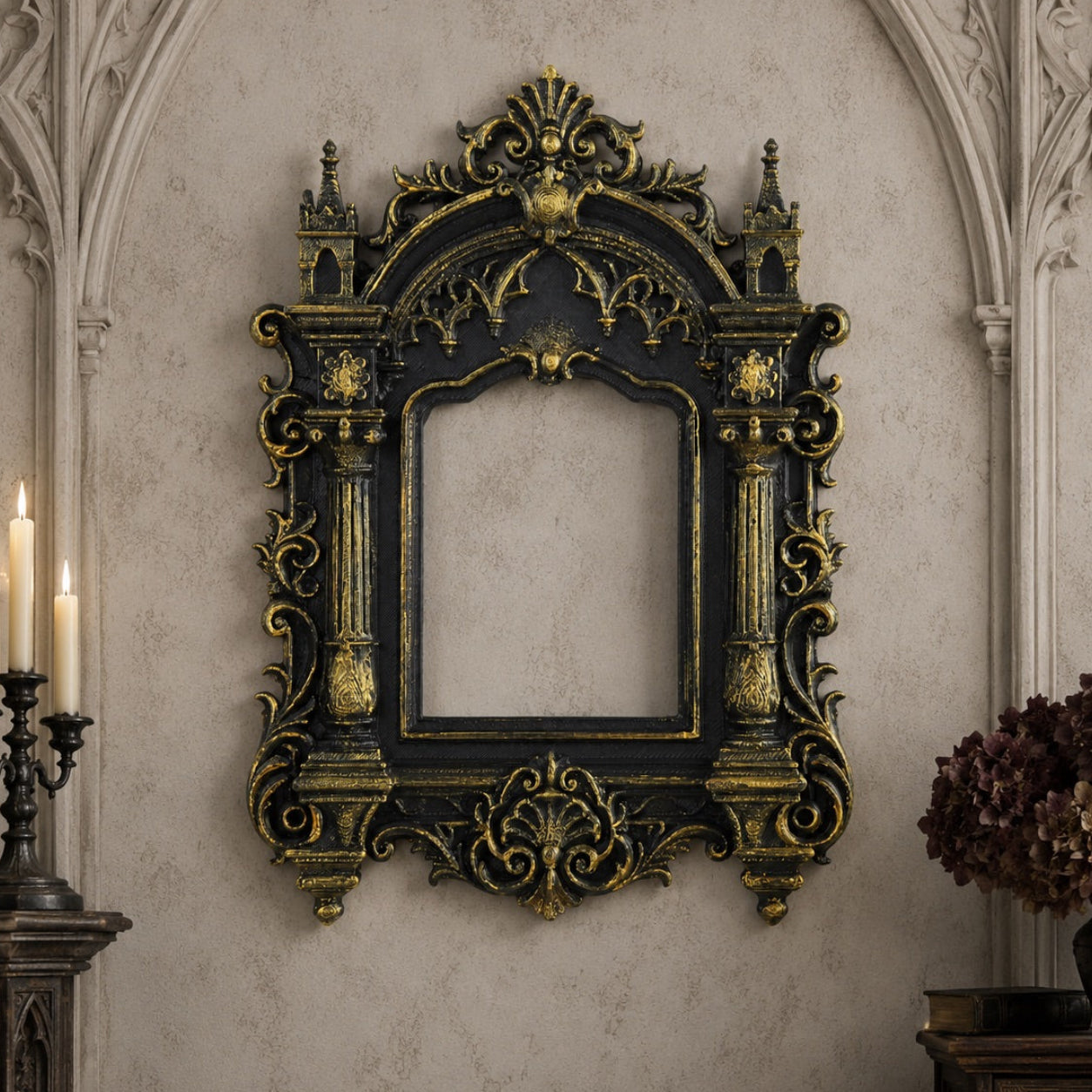 Gothic castle carved photo frame – church column vertical mirror frame, front view
