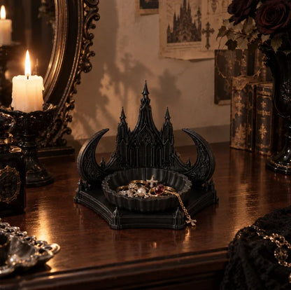 Jewelry tray holding rings and chains on a vanity