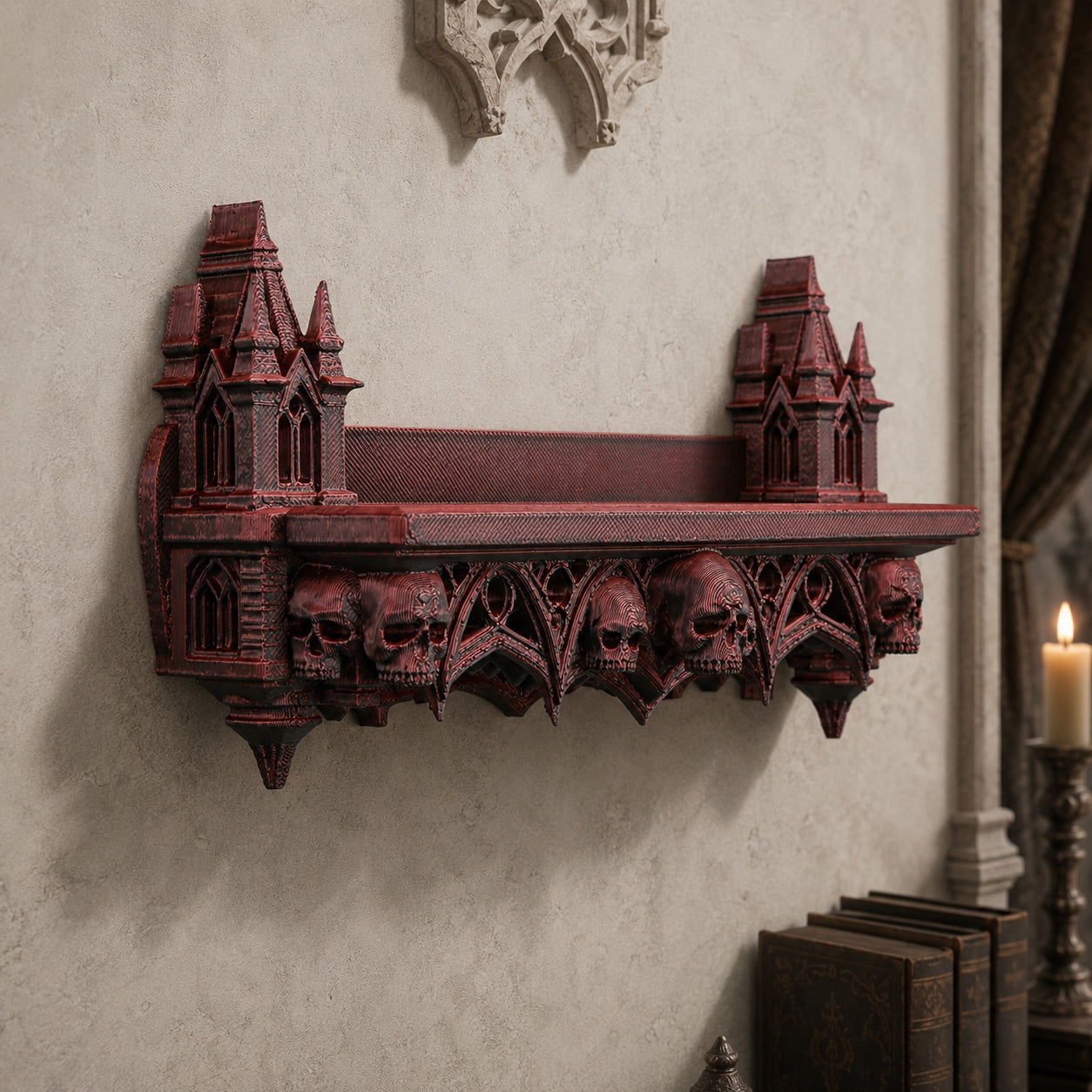 Skull castle wall rack – vintage carved stonework detail