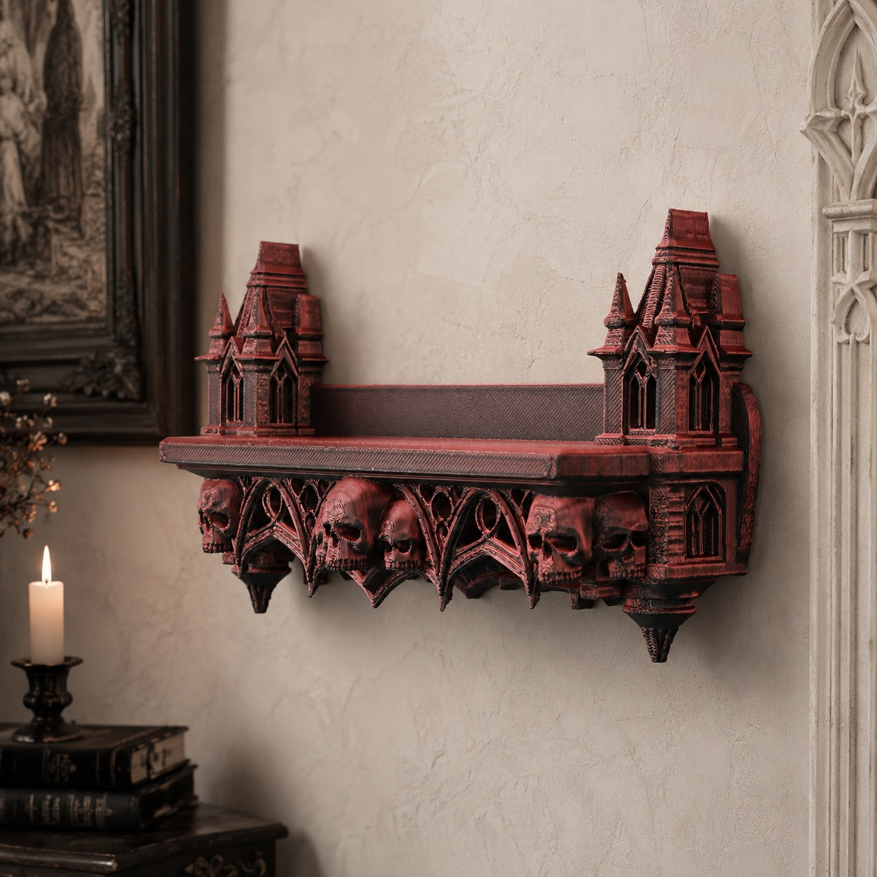 Gothic castle wall shelf – styled with crystals and candles