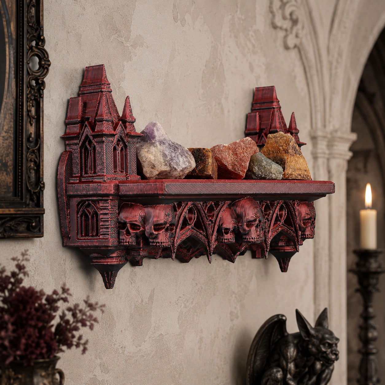 Gothic castle skull wall shelf – floating crystal display rack, front view