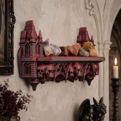 Gothic castle skull wall shelf – floating crystal display rack, front view