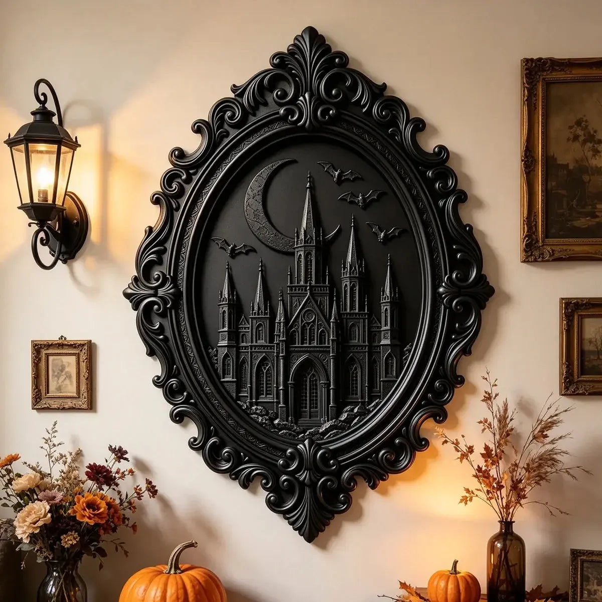 Baroque-framed castle plaque beside flowers