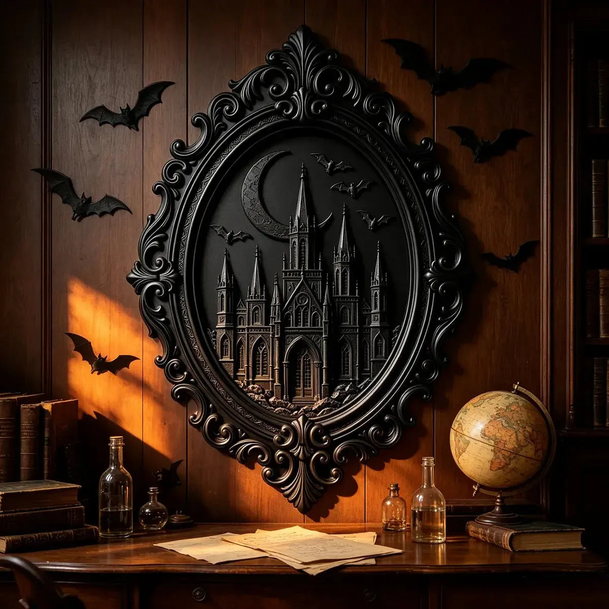 Gothic castle plaque in a Halloween desk display