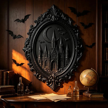 Gothic castle plaque in a Halloween desk display