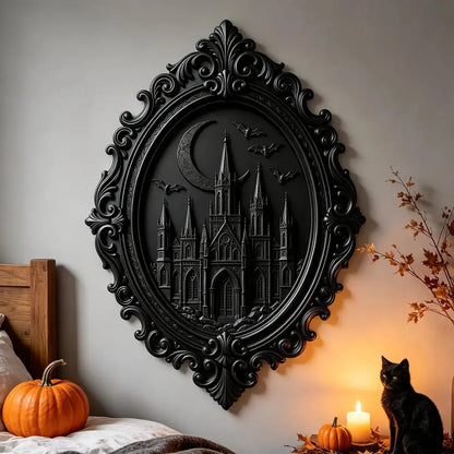 Castle relief plaque displayed in an autumn room