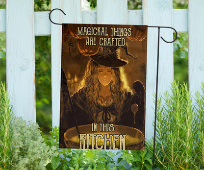 Gothic Cat Kitchen Witch Halloween Flag-MoonChildWorld
