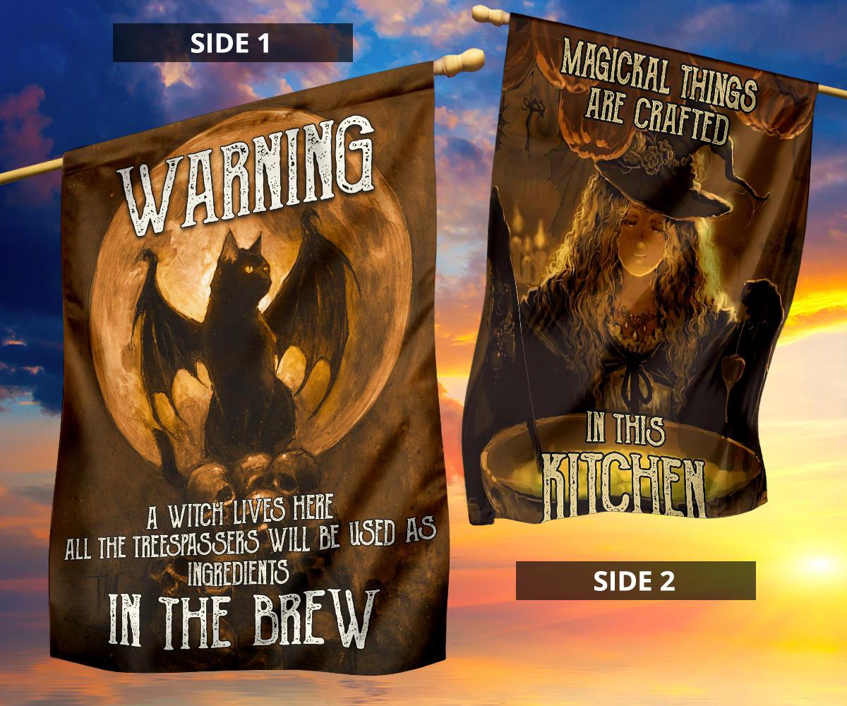 Gothic Cat Kitchen Witch Halloween Flag-MoonChildWorld