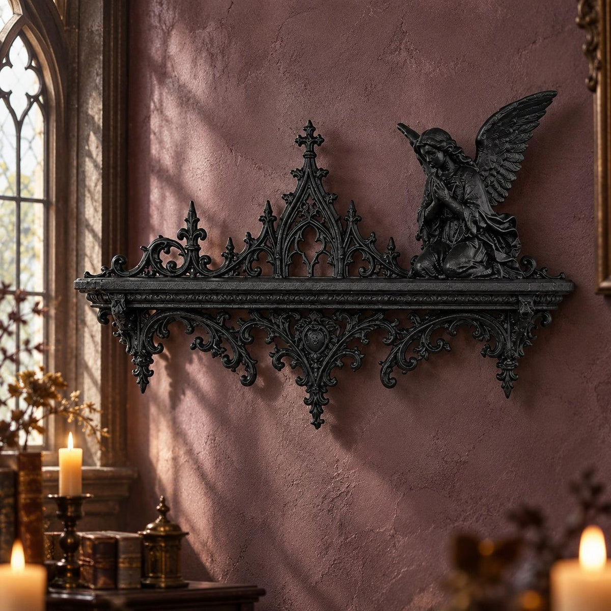Front view of angel shelf: Gothic Cathedral Angel Wall Shelf, featuring a winged angel, pointed cathedral arches and scrolling brackets.