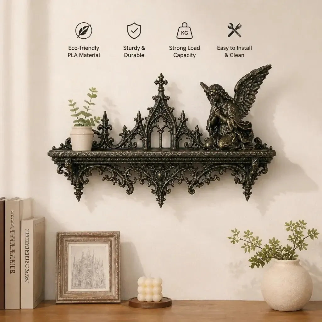 Interior styling and feature graphic: Gothic Cathedral Angel Wall Shelf, featuring a winged angel, pointed cathedral arches and scrolling brackets.