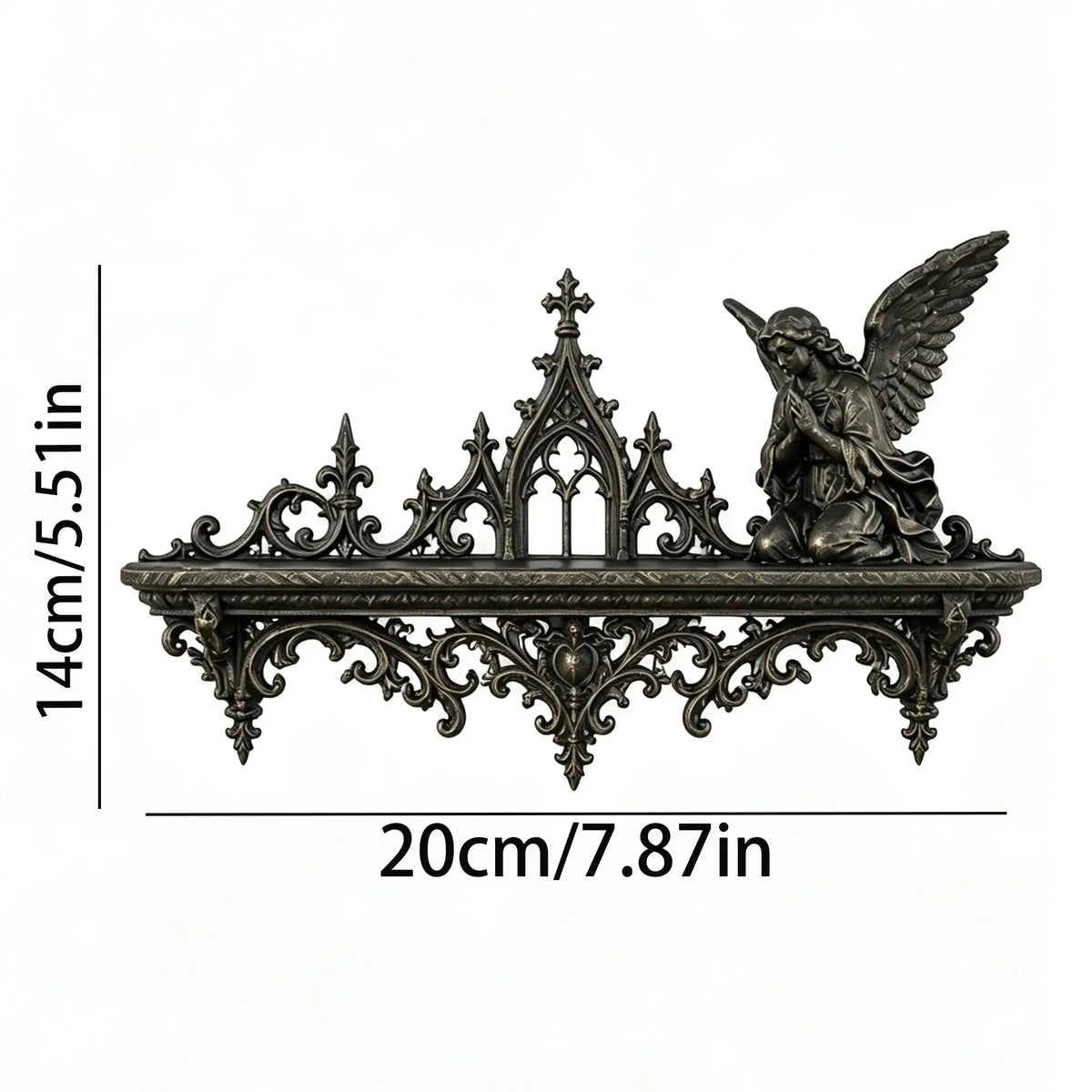 Accented angel shelf measurement diagram: Gothic Cathedral Angel Wall Shelf, featuring a winged angel, pointed cathedral arches and scrolling brackets.
