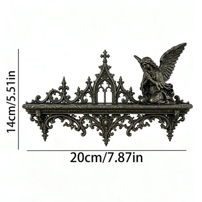 Accented angel shelf measurement diagram: Gothic Cathedral Angel Wall Shelf, featuring a winged angel, pointed cathedral arches and scrolling brackets.