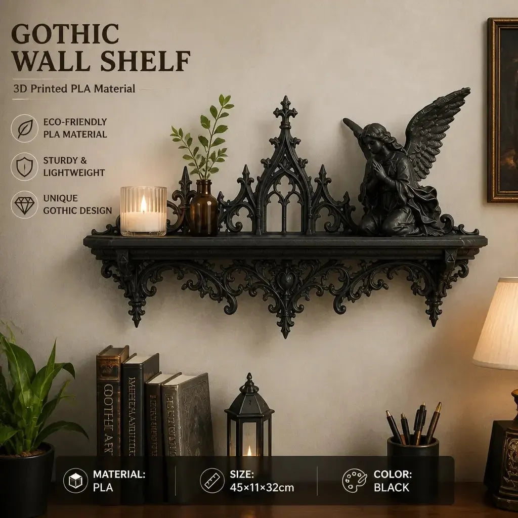 Styled wall shelf display: Gothic Cathedral Angel Wall Shelf, featuring a winged angel, pointed cathedral arches and scrolling brackets.