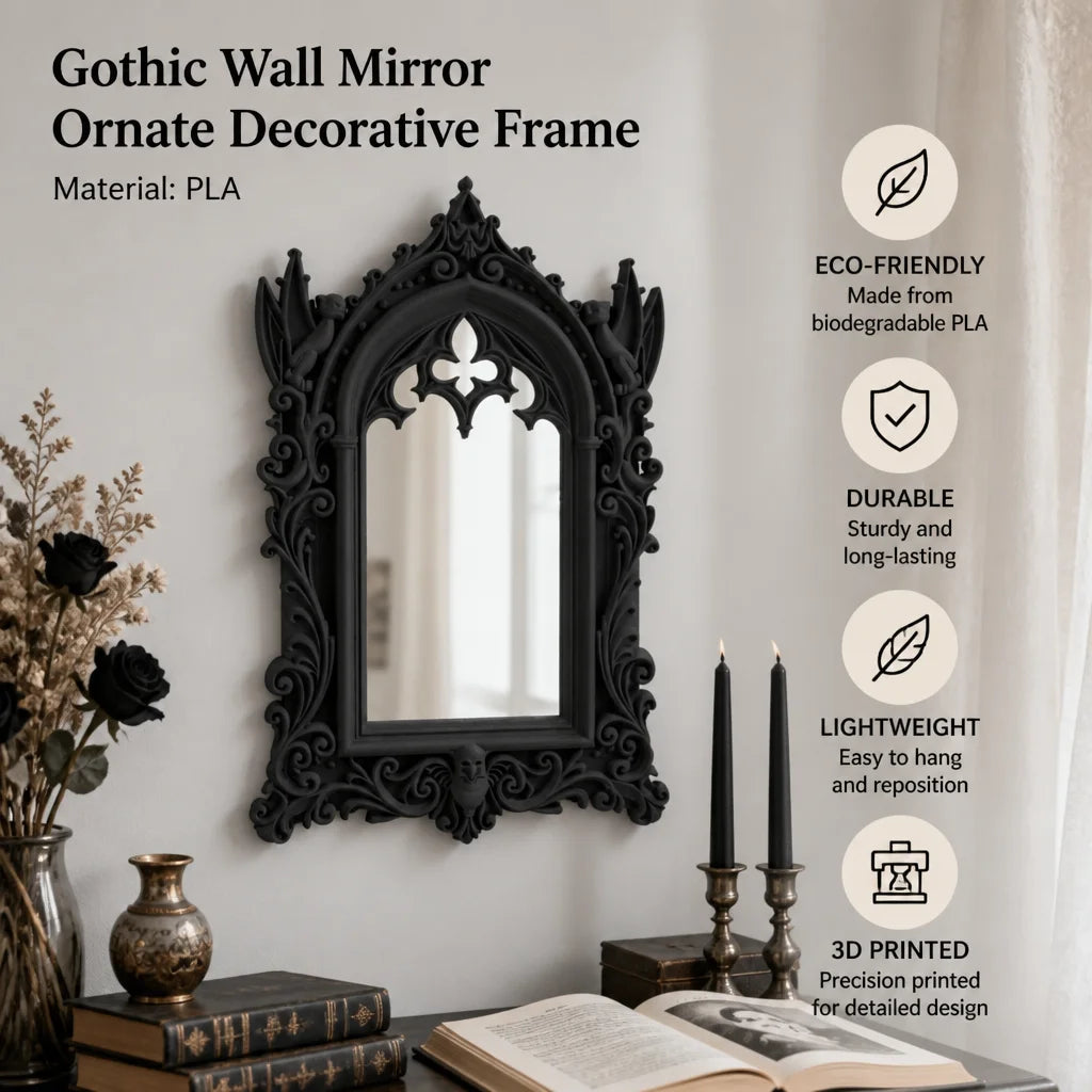 Arched gothic mirror hung in a dark academia entryway