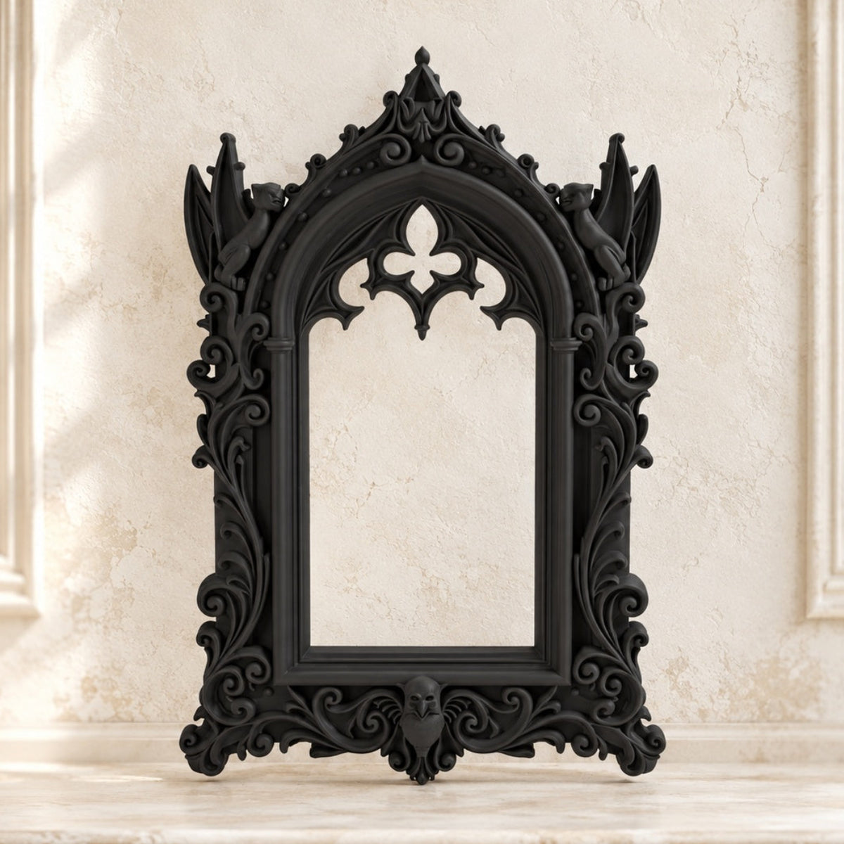 Gothic Cathedral Arch Wall Mirror Ornate Decorative Mirror on a bright vintage gothic wall, front view.