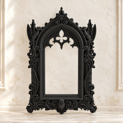 Gothic Cathedral Arch Wall Mirror Ornate Decorative Mirror on a bright vintage gothic wall, front view.