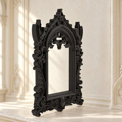 Gothic Cathedral Arch Wall Mirror Ornate Decorative Mirror on a bright vintage gothic wall, angled detail view.
