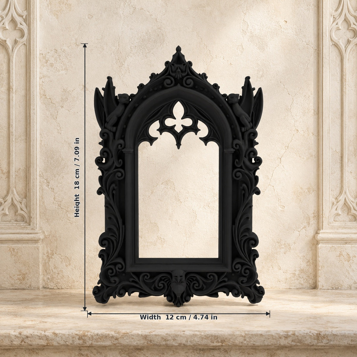 Gothic Cathedral Arch Wall Mirror Ornate Decorative Mirror on a bright vintage gothic wall, size reference.