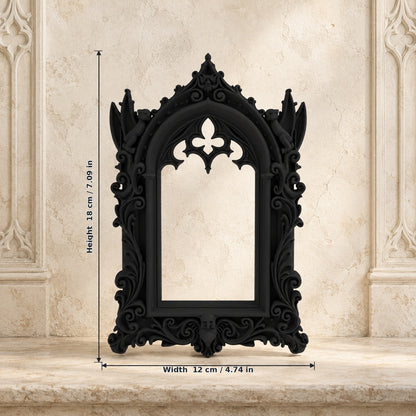 Gothic Cathedral Arch Wall Mirror Ornate Decorative Mirror on a bright vintage gothic wall, size reference.