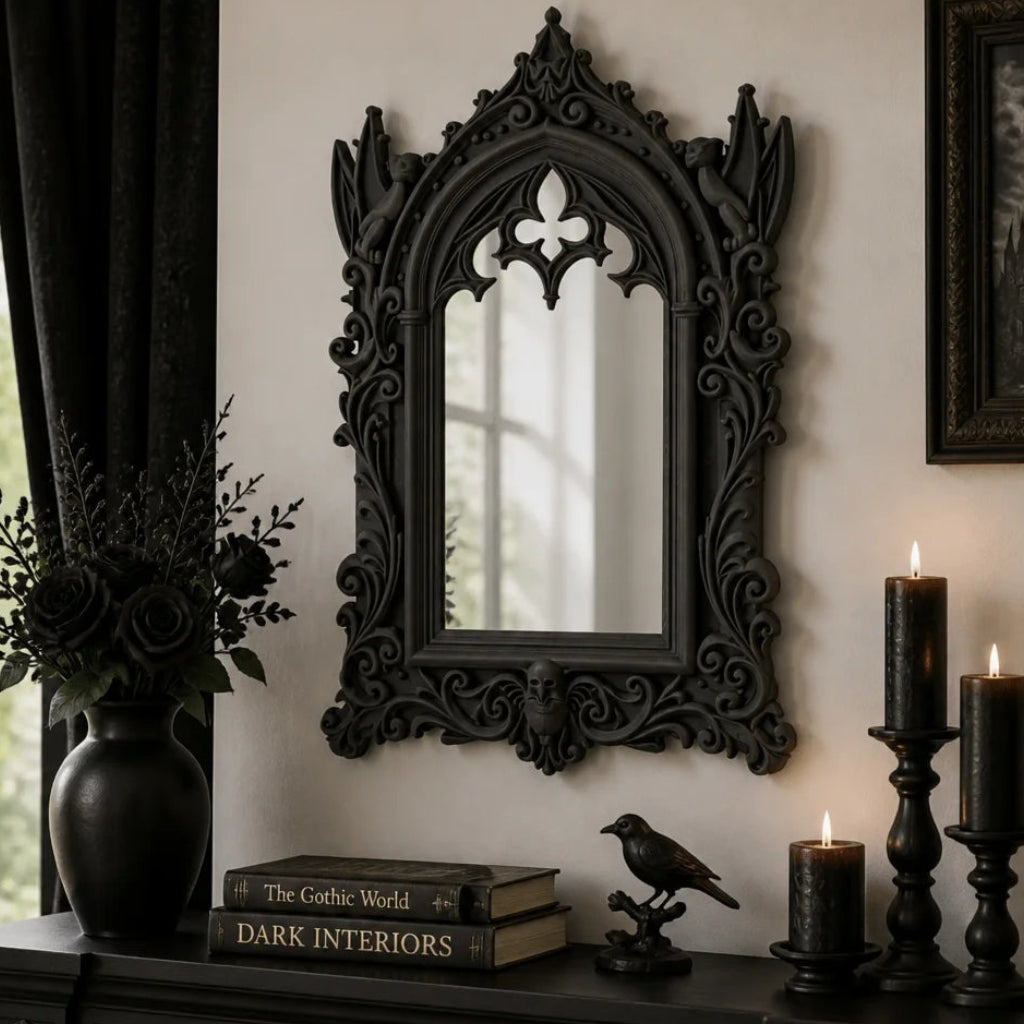 Gothic cathedral arch wall mirror with ornate tracery frame