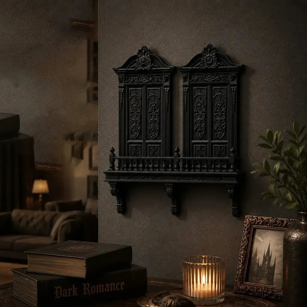 Styled on a wall with books and warm lighting: Gothic Cathedral Double Door Wall Shelf, featuring paired cathedral-style doors, balcony railing and ornamental brackets.