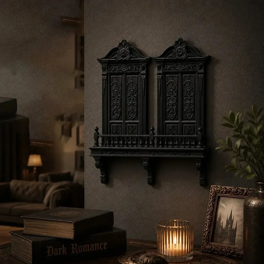 Styled on a wall with books and warm lighting: Gothic Cathedral Double Door Wall Shelf, featuring paired cathedral-style doors, balcony railing and ornamental brackets.