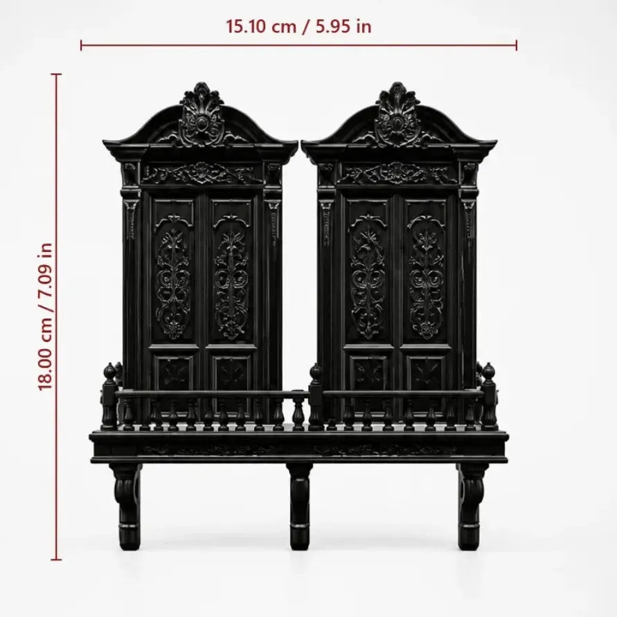 Shelf measurement diagram: Gothic Cathedral Double Door Wall Shelf, featuring paired cathedral-style doors, balcony railing and ornamental brackets.