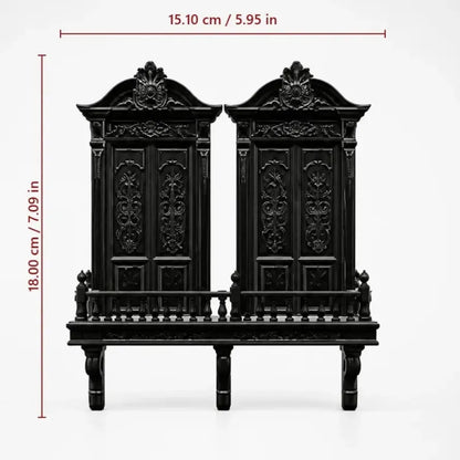 Shelf measurement diagram: Gothic Cathedral Double Door Wall Shelf, featuring paired cathedral-style doors, balcony railing and ornamental brackets.