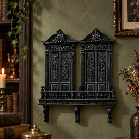 Display with books and decorative objects: Gothic Cathedral Double Door Wall Shelf, featuring paired cathedral-style doors, balcony railing and ornamental brackets.