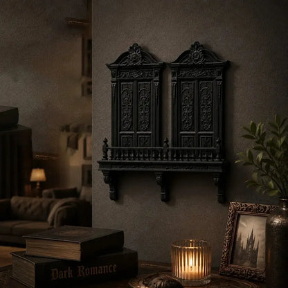 Styled on a wall with books and warm lighting: Gothic Cathedral Double Door Wall Shelf, featuring paired cathedral-style doors, balcony railing and ornamental brackets.