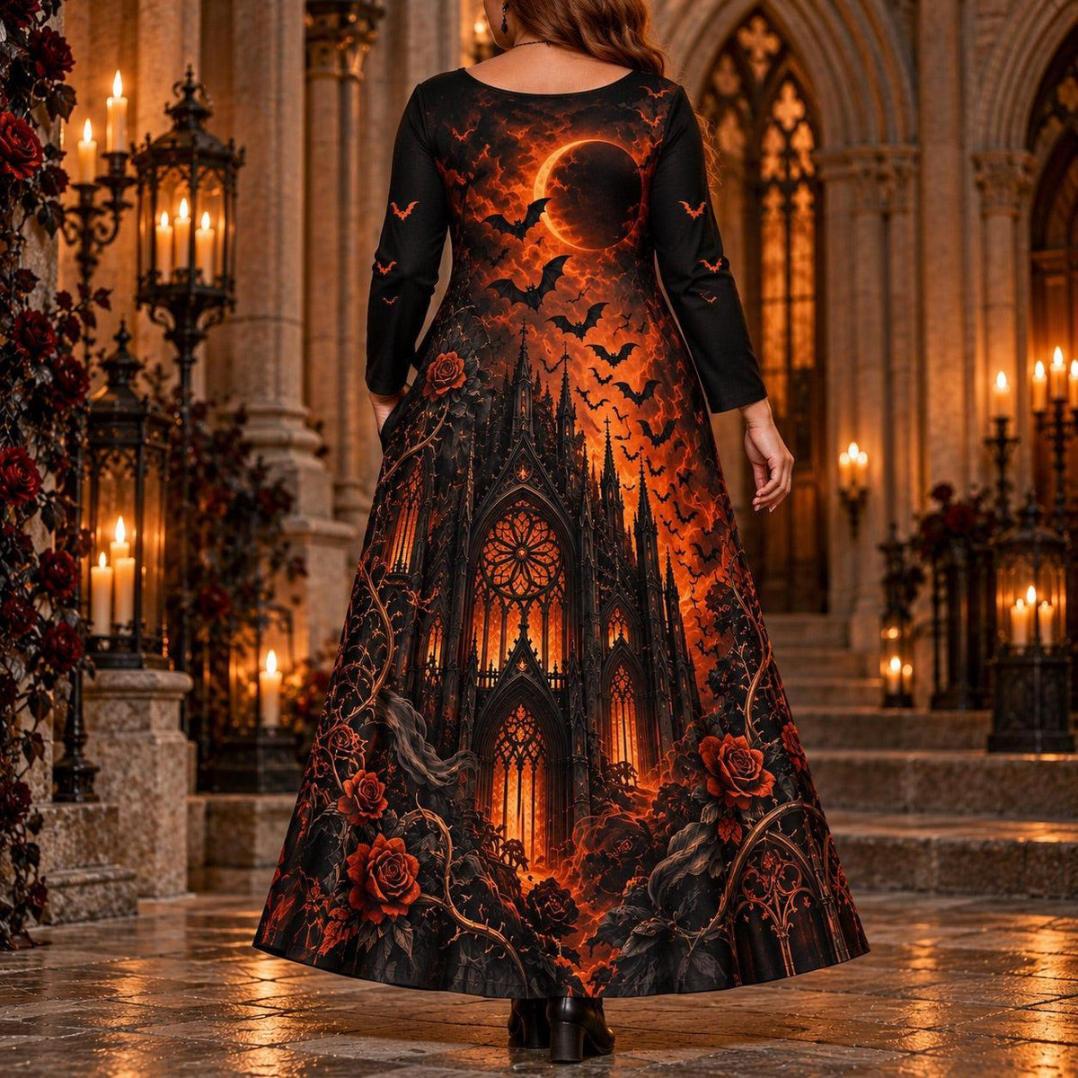Gothic Cathedral Plus Size Witch Dress – Eclipse Bat Long Sleeve Maxi – worn, back view