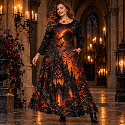 Gothic Cathedral Plus Size Witch Dress – Eclipse Bat Long Sleeve Maxi – worn, in motion