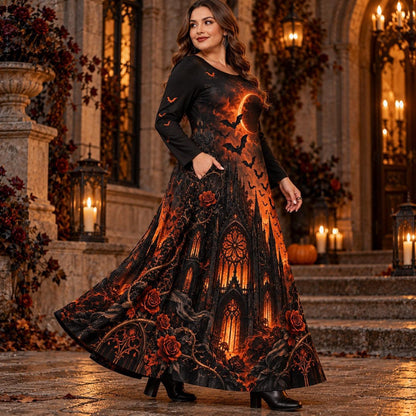 Gothic Cathedral Plus Size Witch Dress – Eclipse Bat Long Sleeve Maxi – worn, three quarter view