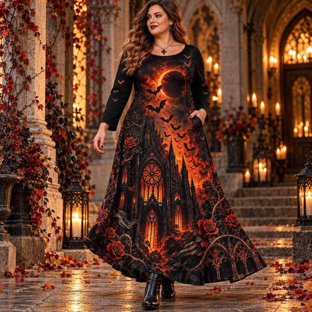 Gothic Cathedral Plus Size Witch Dress – Eclipse Bat Long Sleeve Maxi – worn, in motion