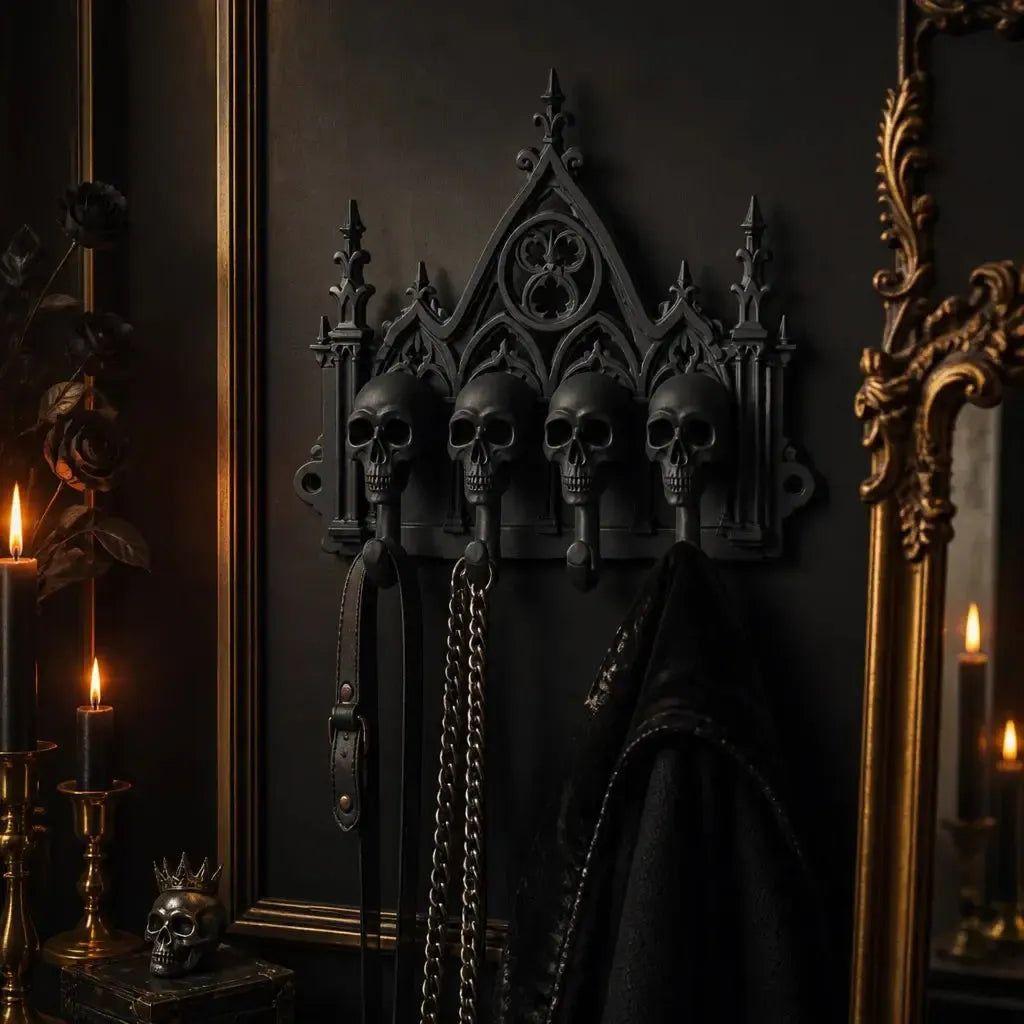 Four-hook skull rack beside an ornate mirror
