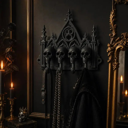 Four-hook skull rack beside an ornate mirror
