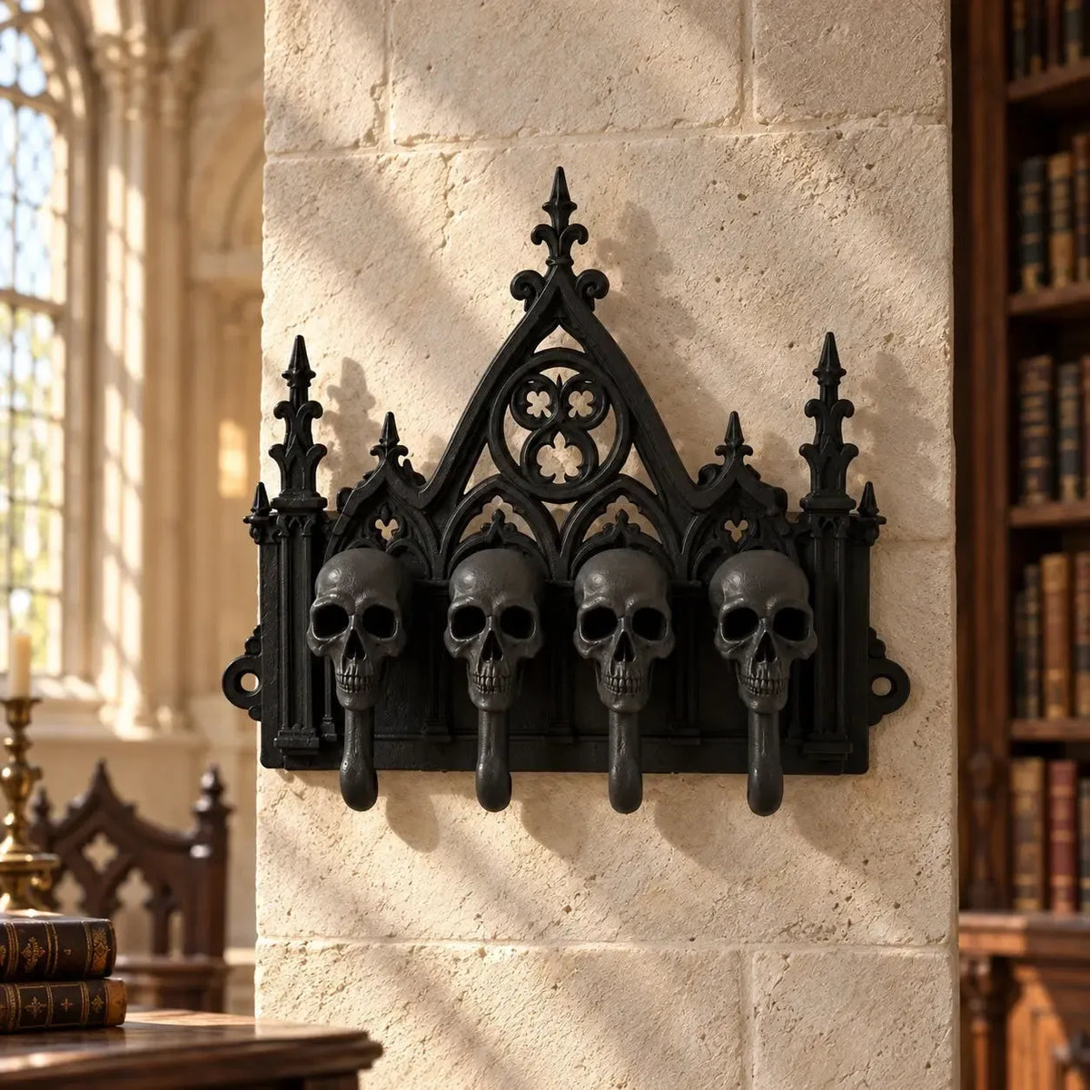 Front view of cathedral spires and four skull hooks in a gothic room