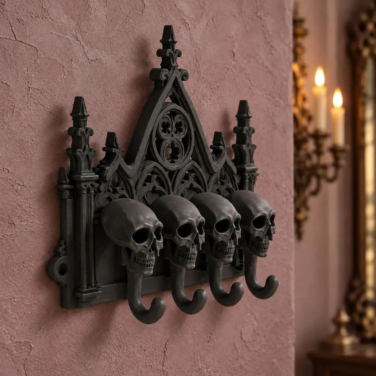 Angled view showing the curved hooks in a gothic room