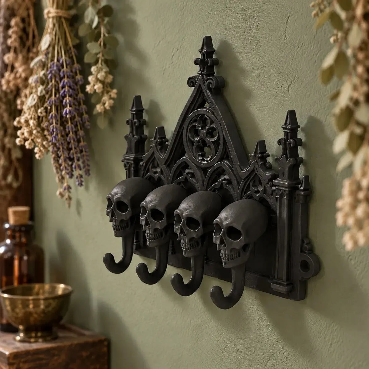 Opposite angled view of the skull hook rack in a gothic room