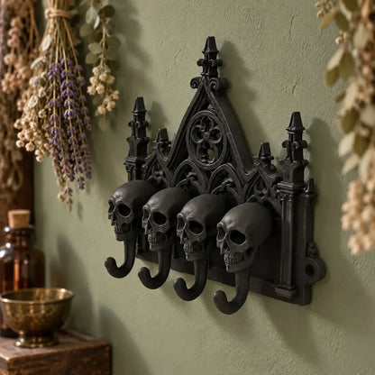 Opposite angled view of the skull hook rack in a gothic room