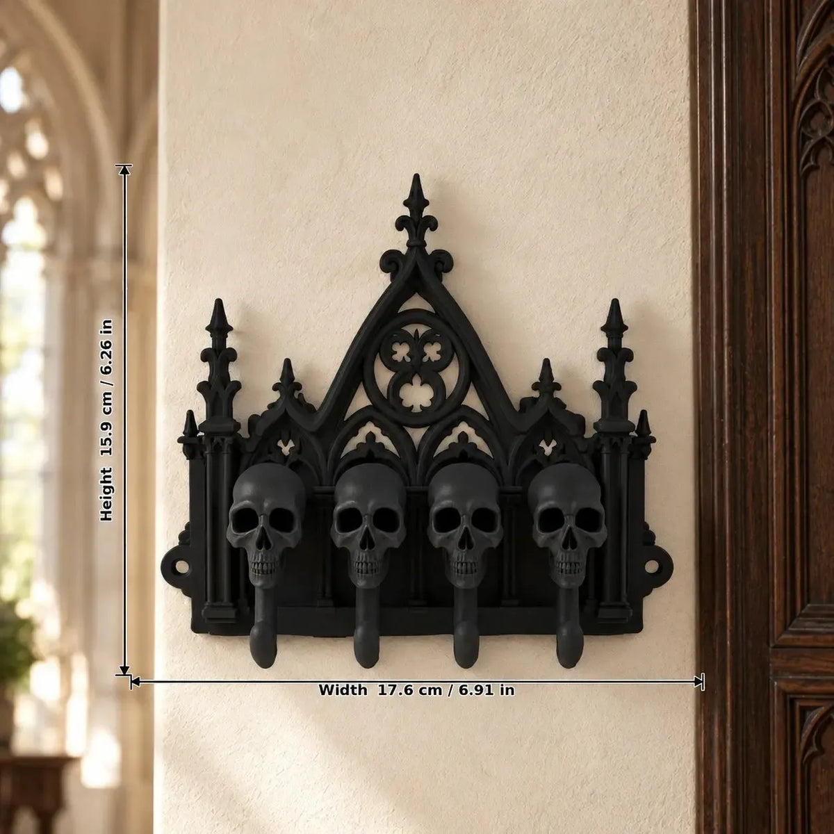 Dimension diagram, 15.9 by 17.6 cm in a gothic room