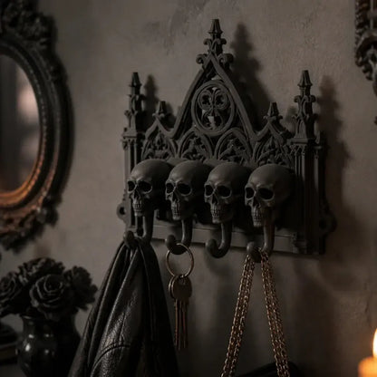 Cathedral skull hook rack holding accessories on a wall